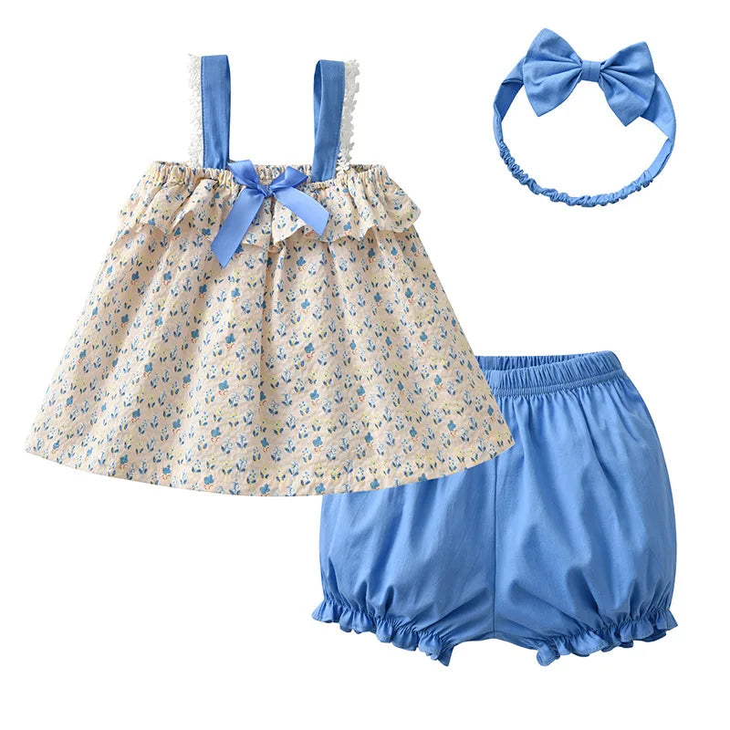 Baby Girls Clothes Summer Baby Cotton Floral Print Casual Tops Shorts Hairband  Clothing Children Set