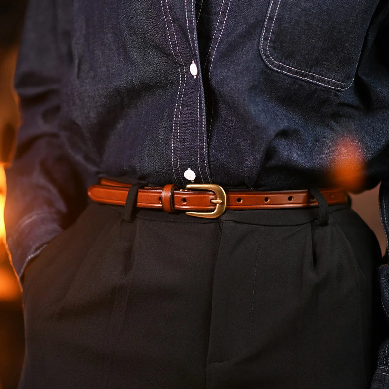 Handmade Leather Women's Thin Belt Casual Genuine Leather Commuting Soft Belt Copper Buckle