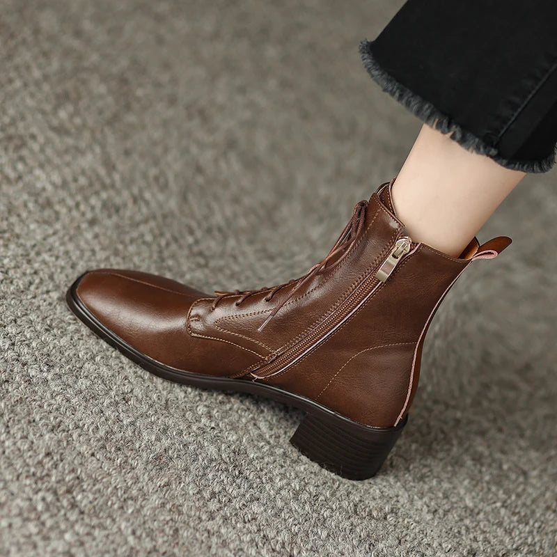 Genuine Leather Zipper Winter Boots Office Ladies Narrow Band Ankle Boots Square Med Heels Women Shoes