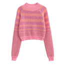 Autumn Women Long Sleeve Round Neck Striped Crop Knit Sweater