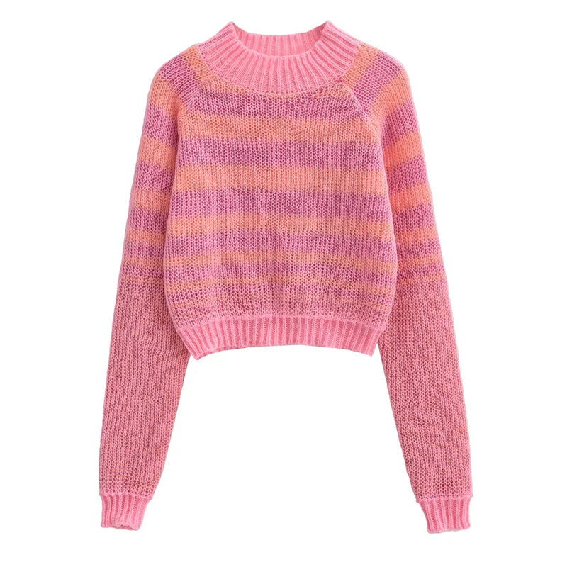 Autumn Women Long Sleeve Round Neck Striped Crop Knit Sweater
