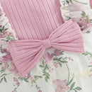 Baby Girls Casual Jumpsuit Bowknot Round Neck Short Sleeve Ribbed Patchwork Jacquard Floral Long Romper Clothes