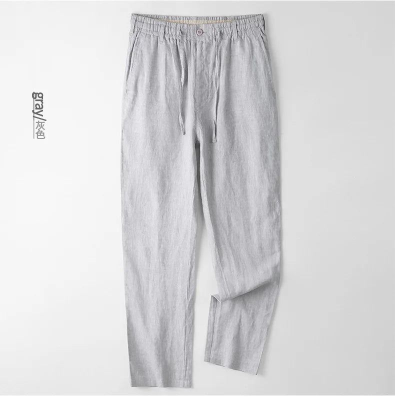 Linen Casual Pants For Men Sold Color Comfortable And Breathable Loose Bulky Summer Thin Elastic Waist Linen Trousers Male