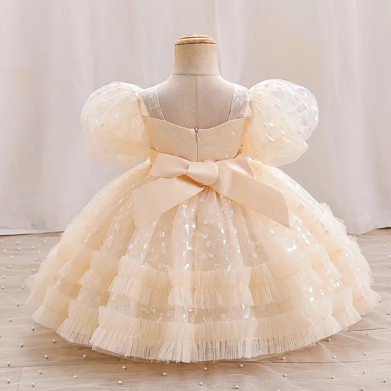 Champagne Lace Baby Dresses Newborn Birthday Dress For Girls Toddler Princess Outfits Children's One Piece