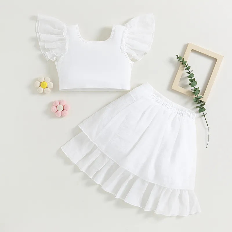 Summer Girls Clothing Sets Casual Short Sleeve Crop Tops White Elastic Band Skirt Baby Clothes Children Kids Outfits