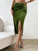 Autumn Winter High Split Velvet Wrap Skirt Green Office Midi Long Vintage Skater Pleated Ladies Pencil Skirt