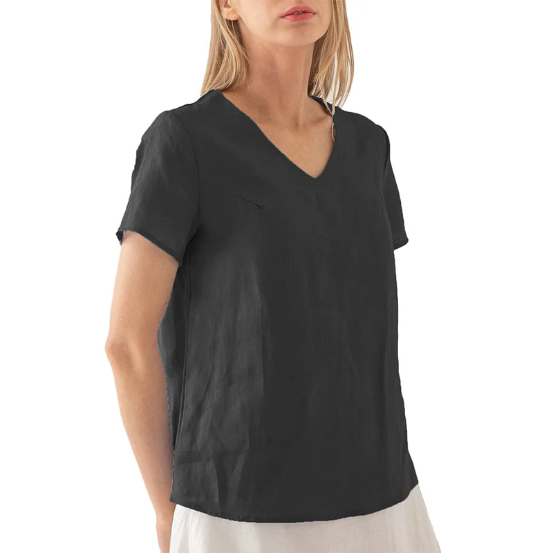 Casual Linen Oversized T-Shirt  Sexy V-Neck Short Sleeve Tee Solid Summer Top ladies