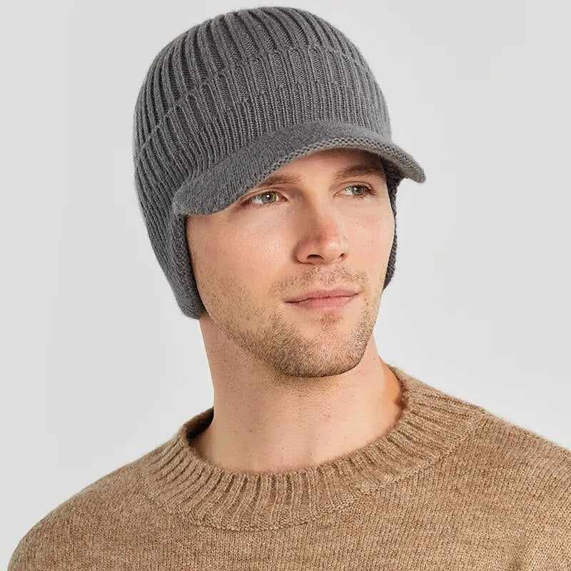 Men Winter Knitted Beanies Outdoor Cycling Ski Warm Wool Earflap Hat Short Brim with Earmuff Cap for Men Winter Hats skullies