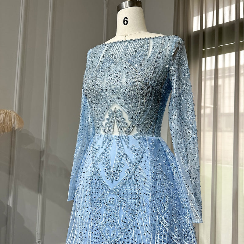 Luxury Crystal Blue Evening Dress with Overskirt Long Sleeves Women Wedding Formal Party Gown