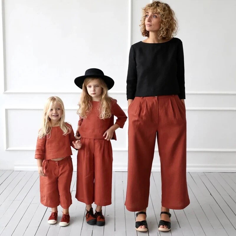 Retro Brick Red Cotton And Linen Girls Suit Spring Summer  Sleeve Tops Straight Pants 2pcs Sets