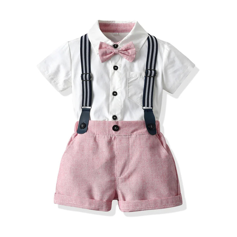 Boys Summer Outfits Solid Birthday Clothing Set Soft Cotton Lapel Suspender Suit Children