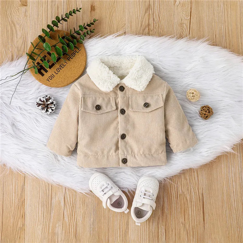 Toddler Boys Girls Autumn Winter Coat Beige Long Sleeve Lapel Button Down Plush Jacket Outerwear Baby Clothes