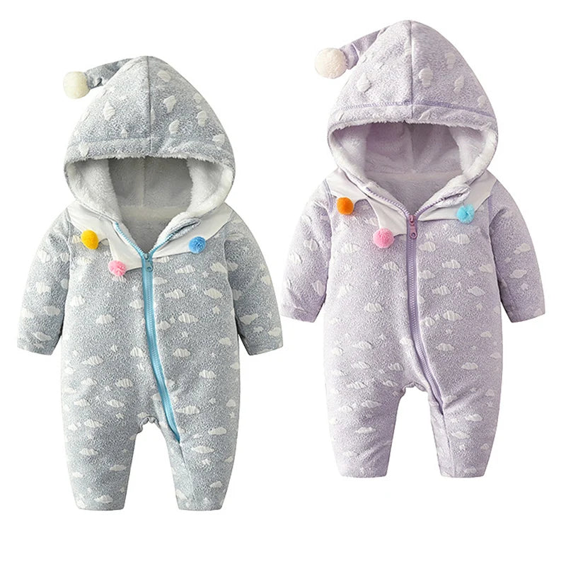 Baby One-Piece Clothes for Boy Girl Autumn and Winter Bodysuit Clouds Romper Infant Hooded Thickened Warm Baby Zipper Clothes