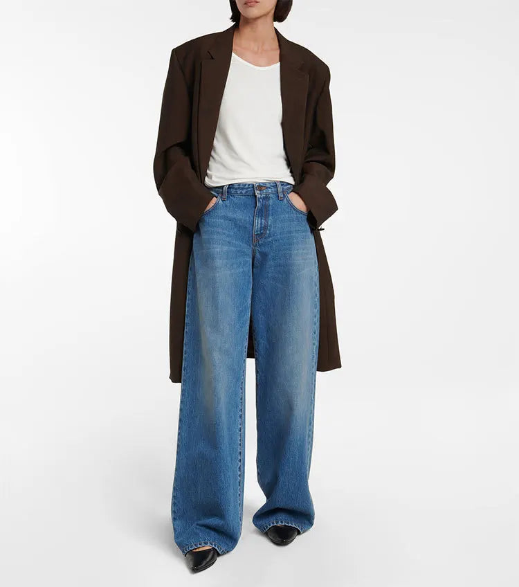 Autumn Minimalist Style Floor-length Trousers for Women High-waisted Loose Wide-leg Denim Women Jeans