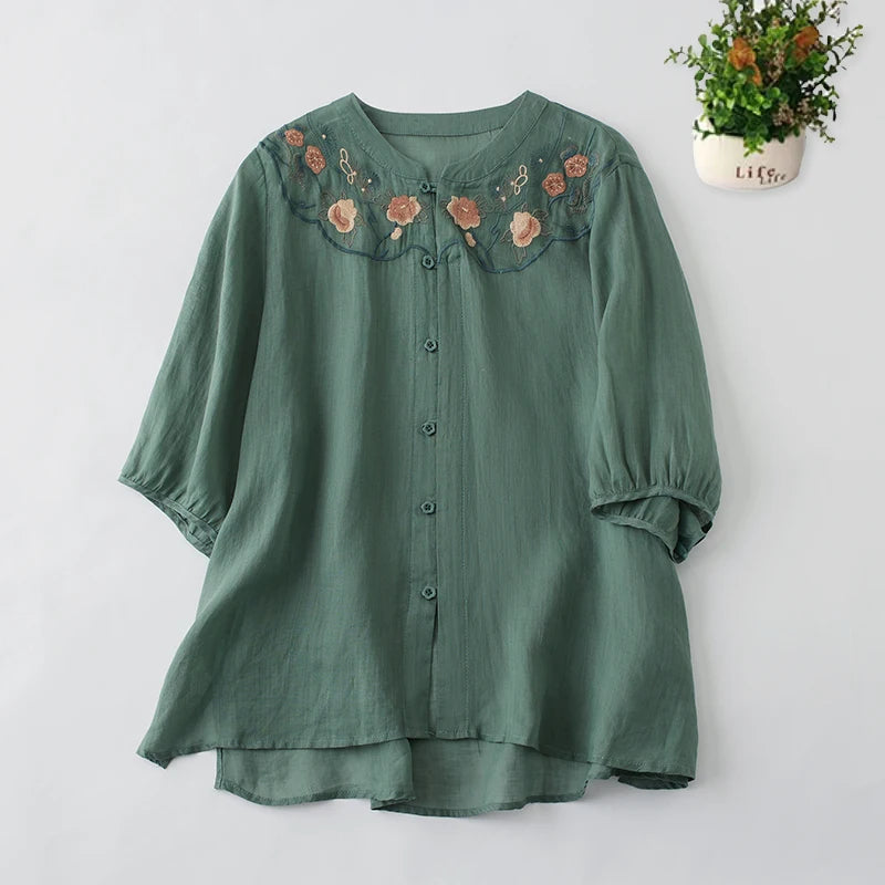 Spring Summer Cotton Linen Embroidery Blouse Shirt Button Elegant Office Ladies Women Casual Loose Tops Temperament