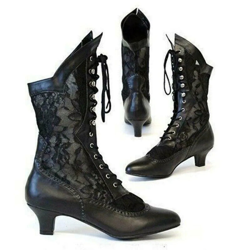 Women Victorian Pointed Toe Mid-Calf Boots Leather Lace Hollow Out Punk Lace Up Strange High Heel Shoes