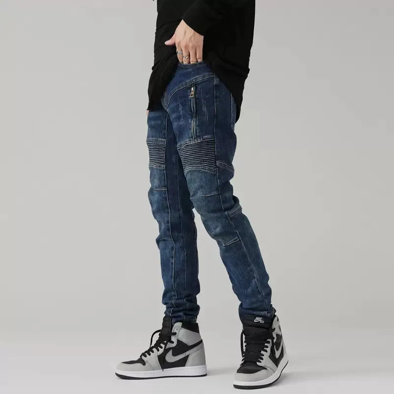 Men Jeans Retro Blue Elastic Slim Fit Spliced Biker Jeans Men Zipper Designer Patched Hip Hop Pants