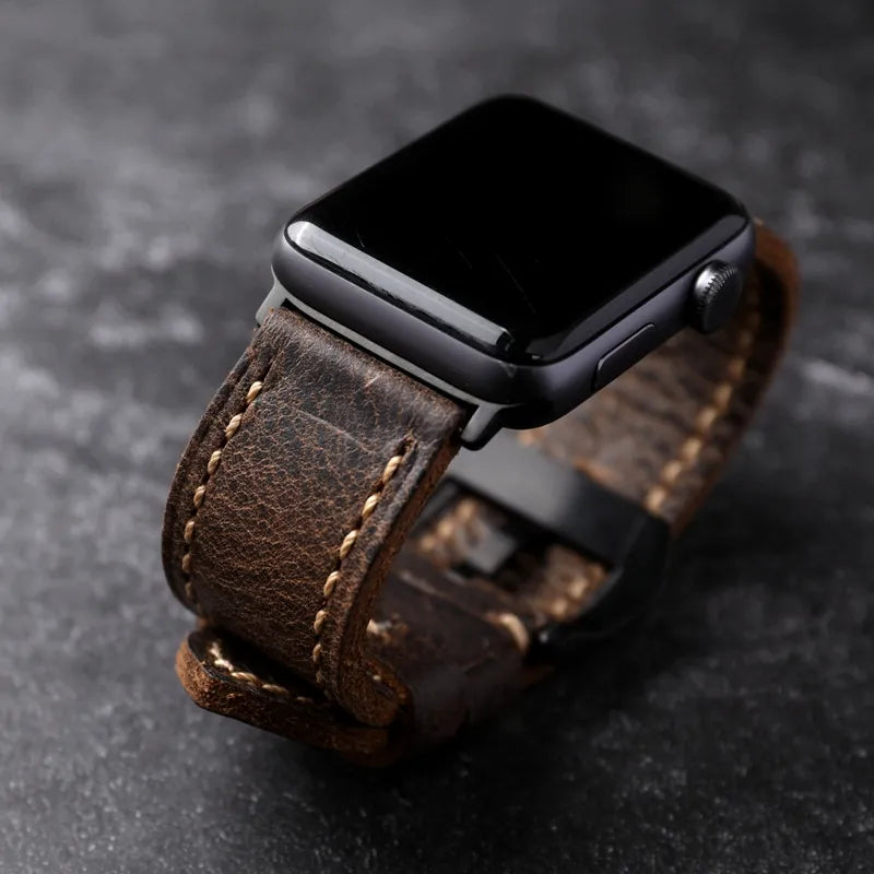 Vintage Style Titanium For Apple Watch  Leather Strap Thickened Soft Men's Bracelet
