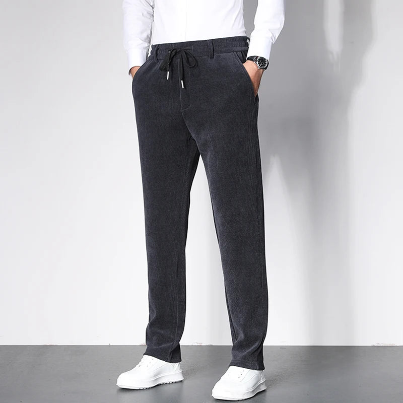 Spring Corduroy Men's Business Casual Trousers Zipper Pocket Elastic Waist Slim Jogging Pants Male Clothing