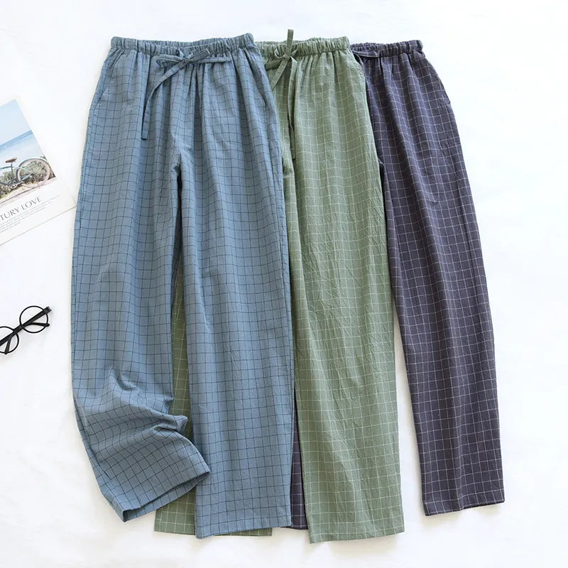 Men Pajama Pants Plaid Cotton Pajamas Long Trouser for Spring and Summer Thin Style Loose-Fitting Plus Size Men Pants