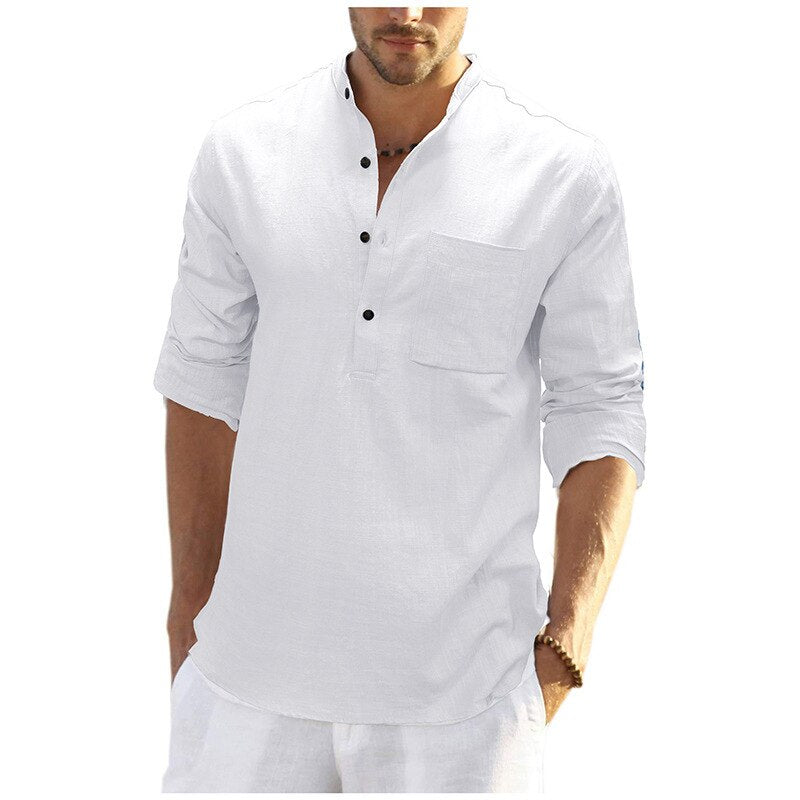 Spring Autumn Cotton Linen Long Sleeved Shirt Men Round Neck Half Open Button Solid Casual Top Men Loose Simple Linen Shirt