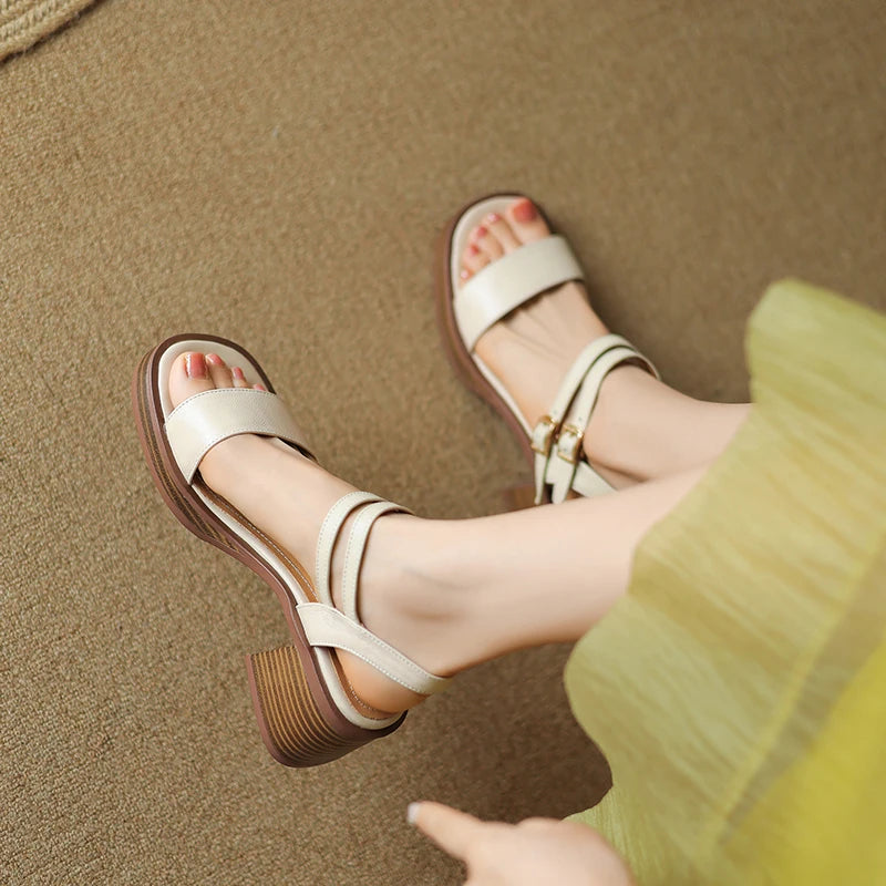 Leather Summer Women's Sandals British Style Female Buckle Platform Shoes Square High Heels Sandals