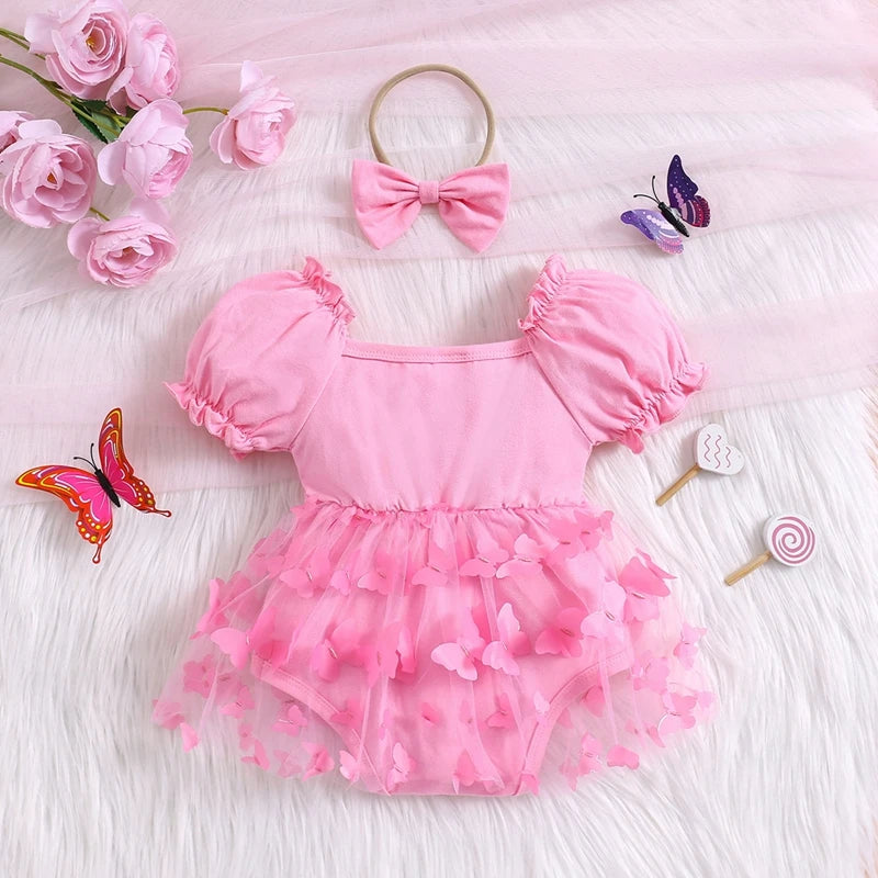Infant Baby Girl Outfits Butterflies Short Sleeve Mesh Romper Dress with Cute Headband Set Summer Clothes