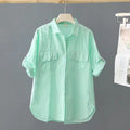 Summer Short Sleeve Cotton Shirt Women Casual Tops Solid Loose Fashion Blouse Elegant Pocket Office Lady Shirts Clothing
