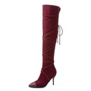 Female Motorcycle Boots Pointed toe Thin heels Flock Cross-tied Club Party
