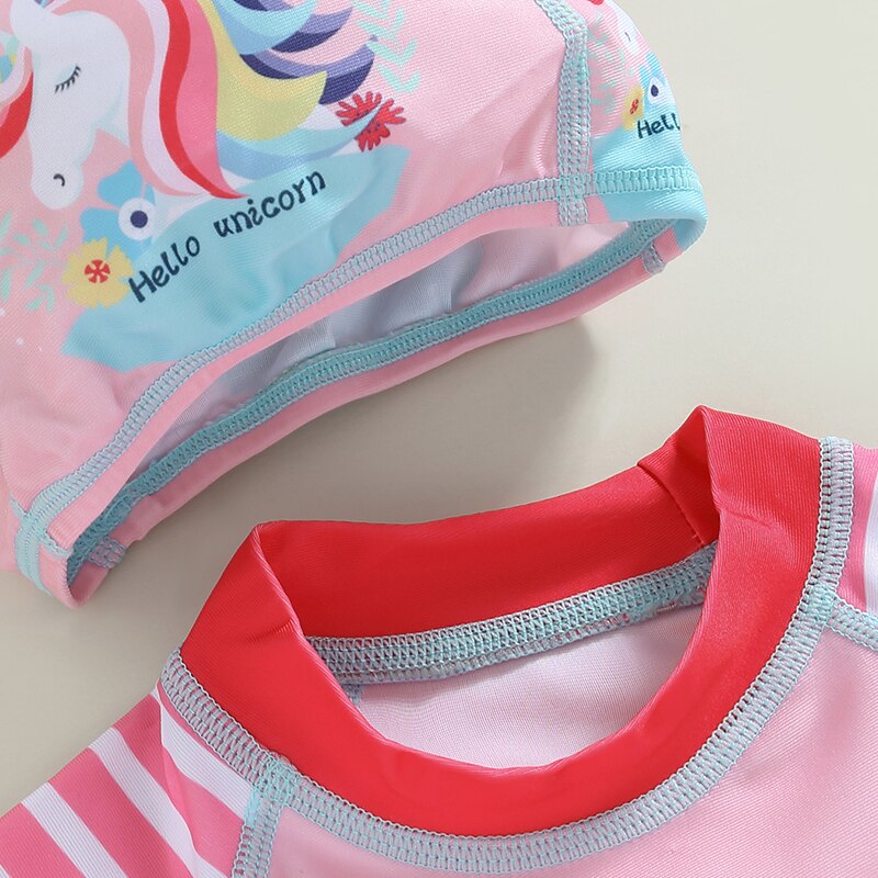 Kids Girls Swimsuit Short Sleeve Cartoon Horse T-shirt with Striped Shorts and Swimming Hat Children Bathing Suit