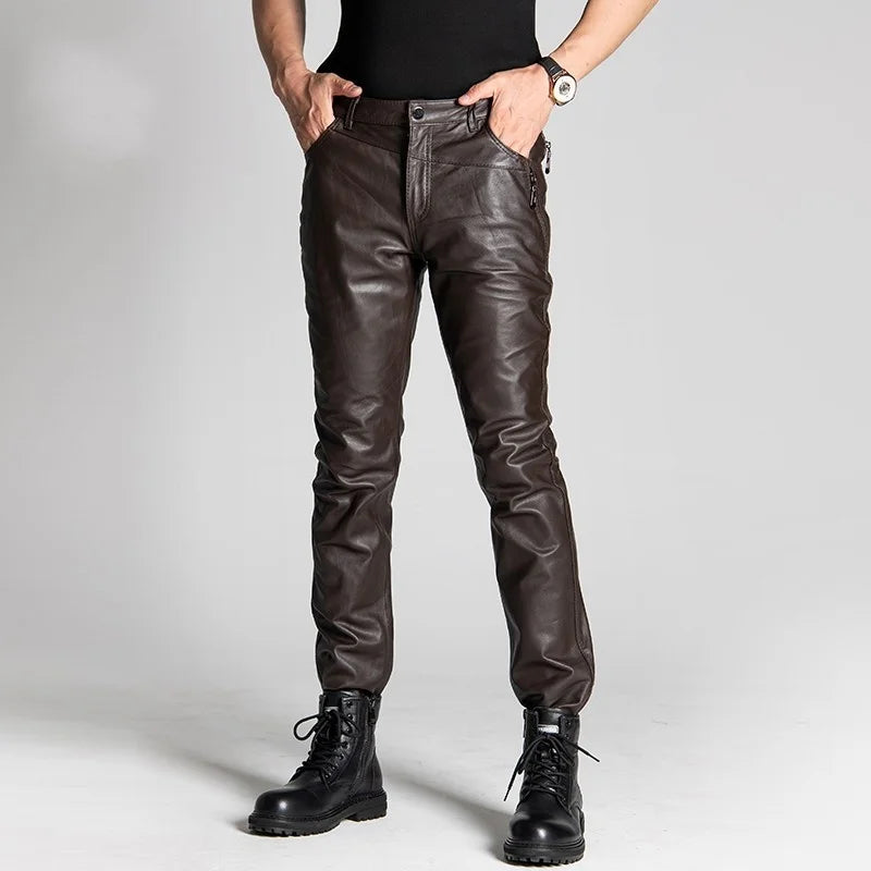 Men's Autumn Genuine Leather Pants Tide Pencil Pants Male Business Casual Motorcycle Slim Trousers