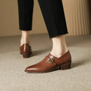 Buckle Genuine Leather Single Shoes Woman Retro Pointed Toe Dress Shoes Ladies Thick Med Heels Pumps
