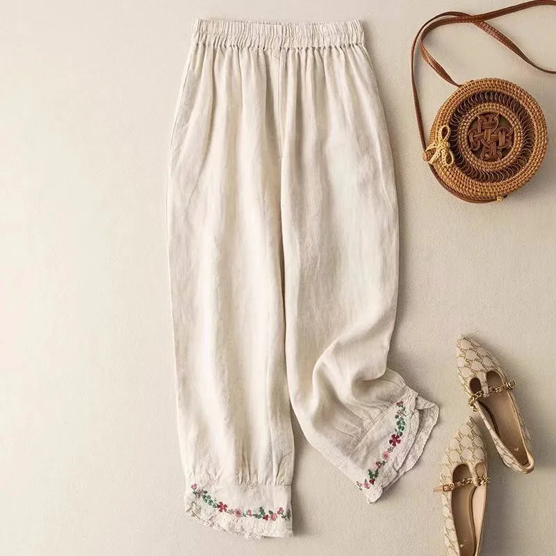Retro Embroidery Cotton Blended Female Harem Pants Summer Casual Loose Lace Patchwork Trousers for Women