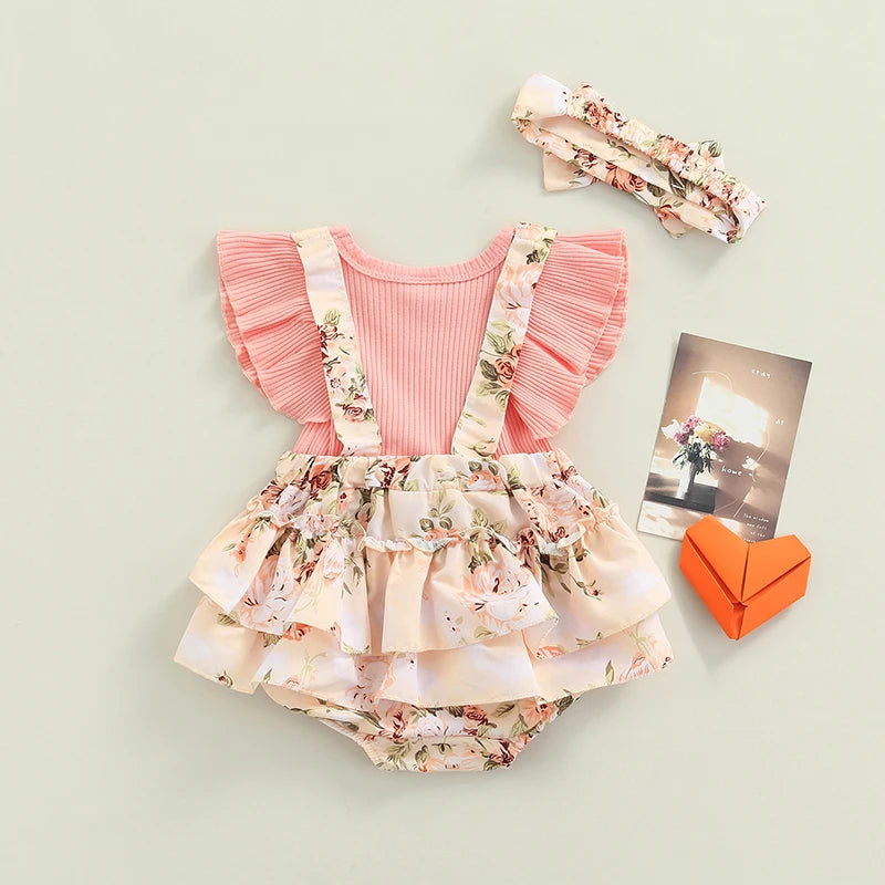 Infant Baby Girls Spring Summer Clothing Floral Ribbed Romper Ruffle Fly Sleeve Jumpsuit Headband Outfits