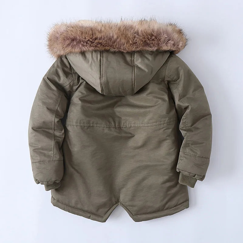 Winter Boys Jacket Fur Collar Thickening Hooded Cotton Coat For Kids Keep Warm Clothing