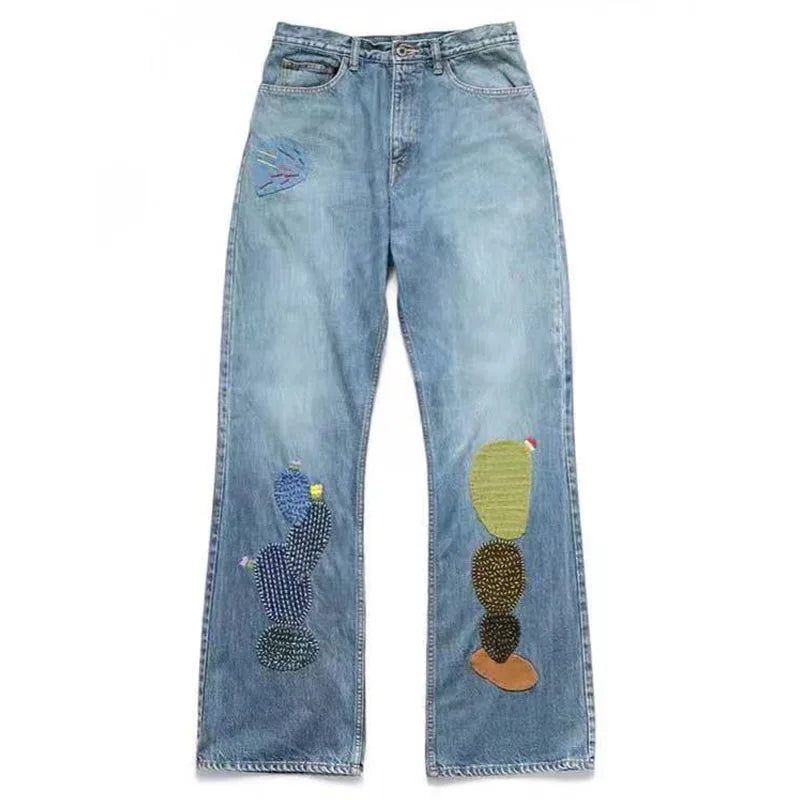 Retro Denim Boot Cut Pants Splice Fabric Wash Water Patch Embroidery Jeans for Men
