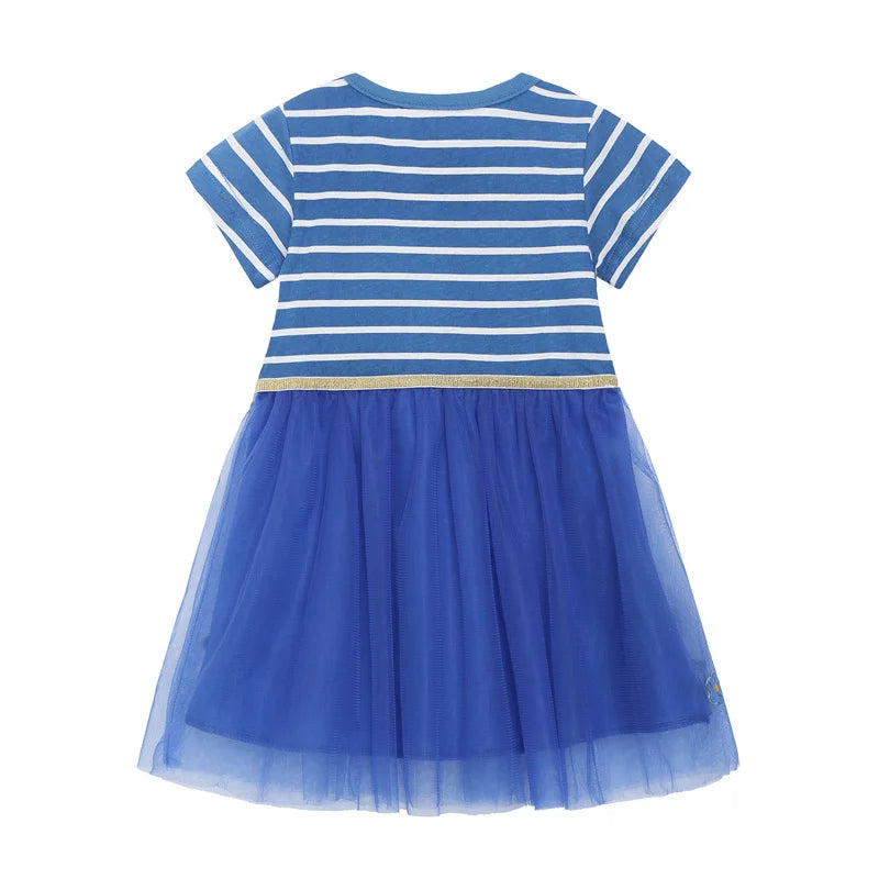 Princess Girls Dresses Birds Applique Stripe Short Sleeve Children's Costume