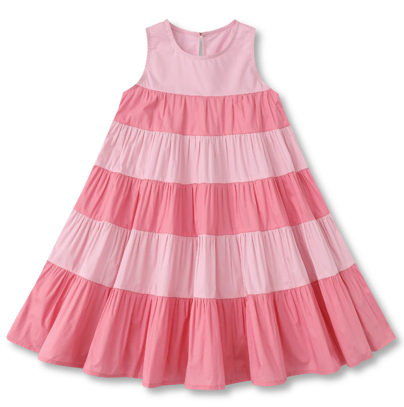 Girls and Toddler Sleeveless Dress Patchwork Striped Elegant Cotton Midi Dresses