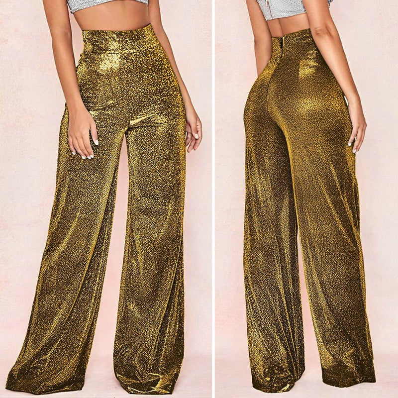 Sparkling Women Pants Shiny Solid High Waist Spring Temperament Loose Straight Wide Leg Trousers Female Clothes