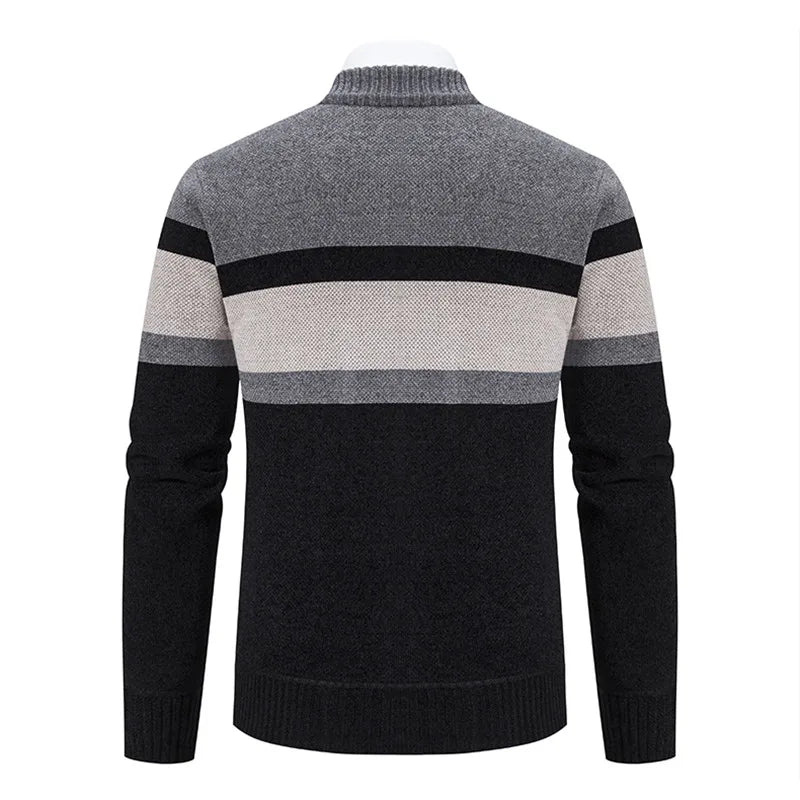 Autumn Winter Striped Cardigan Men Slim Knitted Sweaters Outerwear Mens Stand Collar Zipper Knitting