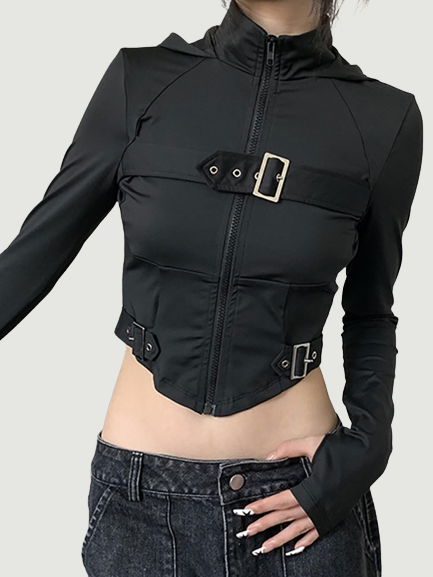 Gotrh Dark Techwear Cyber Gothic T-shirts Grunge Hooded Bodycon Zip Up Blouses Punk Black Streetwear Crop Tops Women