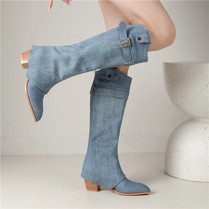 Pointed Toe Denim Slip On Winter Boots Square High Heels Buckle Boots Top Sale Ladies Pleated Knee High Boots