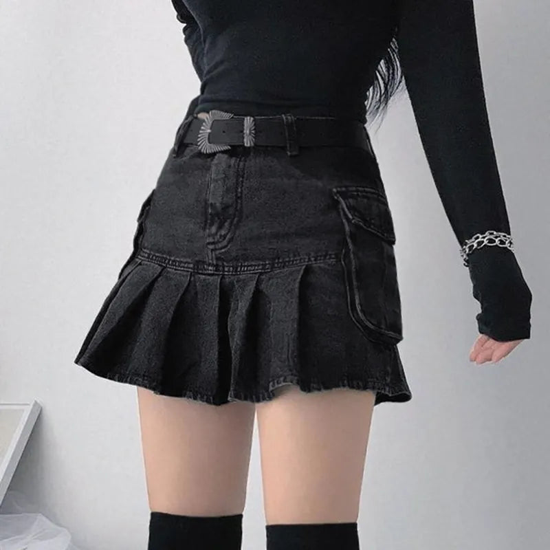 Vintage Denim Skirt Women Streetwear High Waist Pockets Gothic Black Jeans Pleated Skirt Autumn Winter