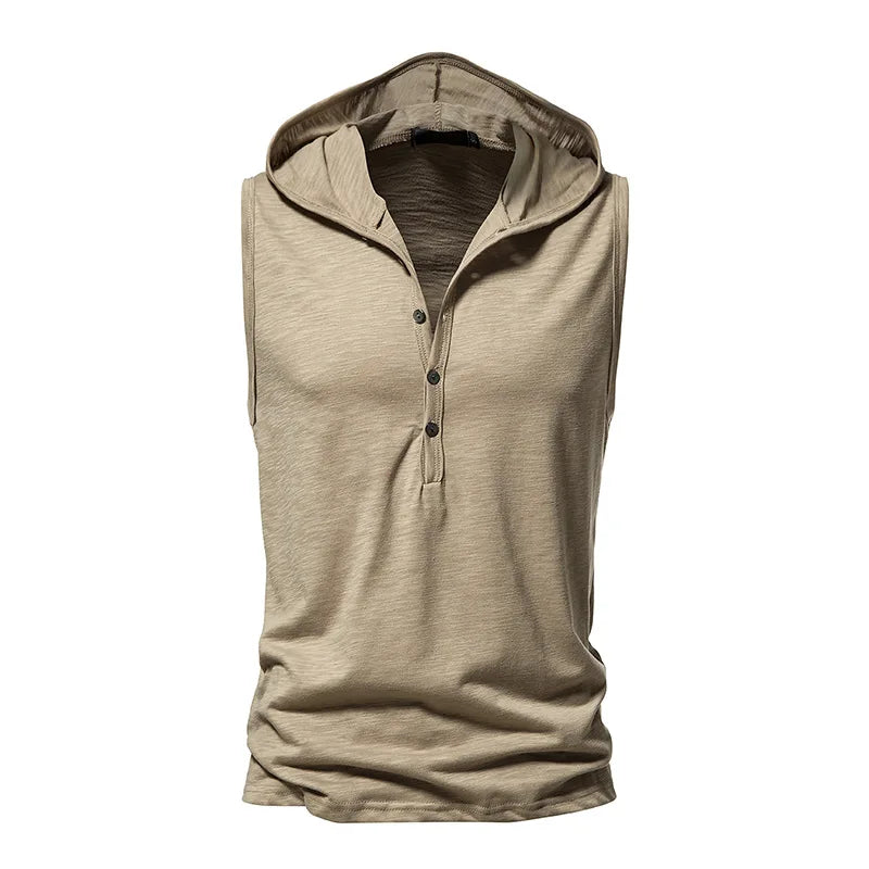 Mens Sleeveless Hooded Sweatshirt Summer Buttons Cotton Hoodies Casual Fitness Pullover Tops