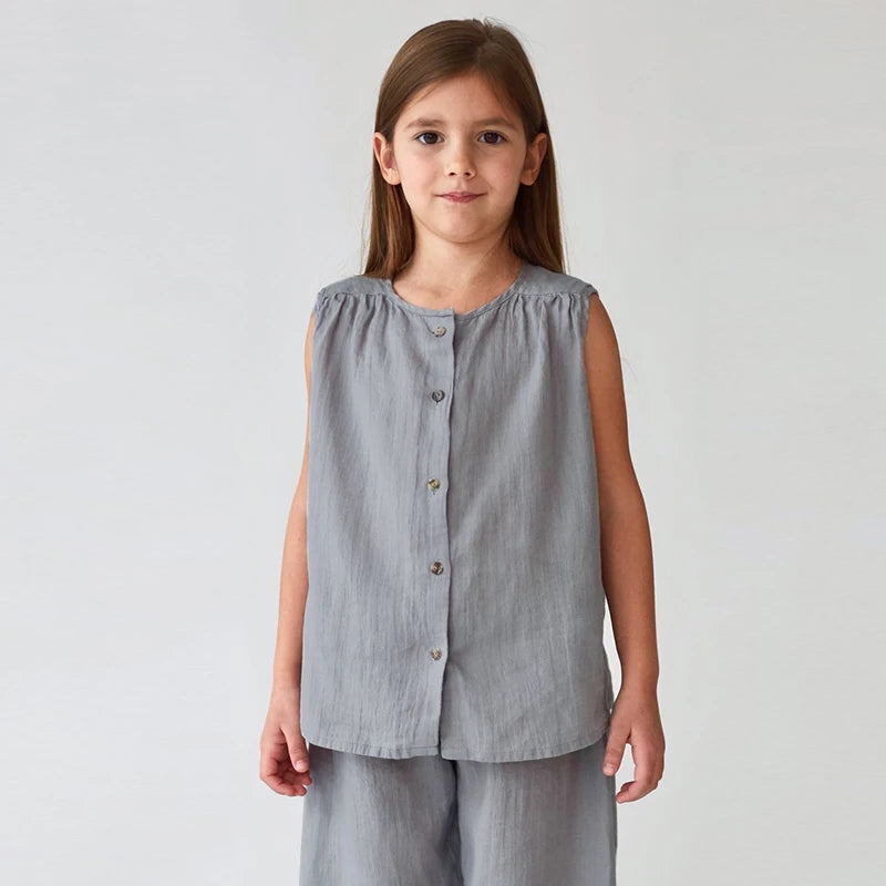 Summer Casual Sleeveless Cotton Linen Girls Suit Retro Children's Round Neck Buttons Tops Loose Pants