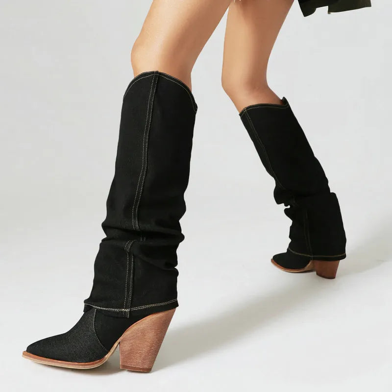 Denim Women Knee High Boots Wedges High Heel Western Boots Autumn Winter Boots