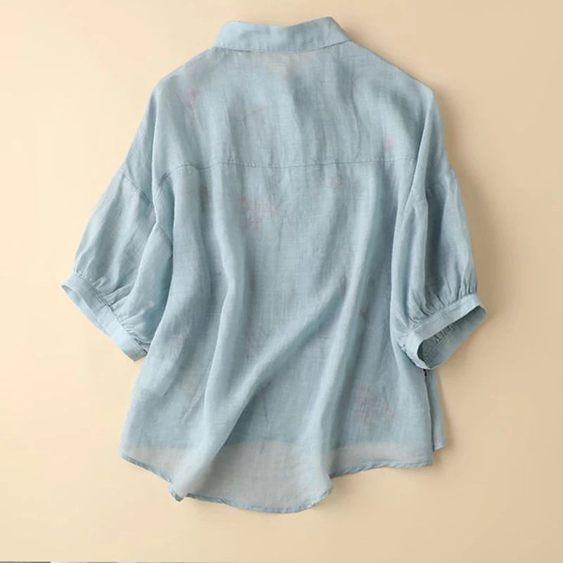 Summer Solid Collar Cotton Three Quarter Shirt Women Vintage Embroidered Loose Casual Puff Sleeve Tops