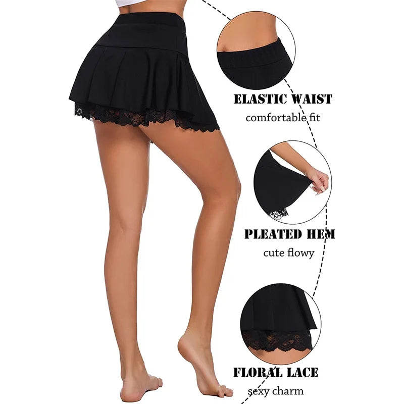 Women Pleated Skater Skirt Lace Trim Casual High Waisted Flare Mini Skirt Basic Solid Versatile Short Skirts