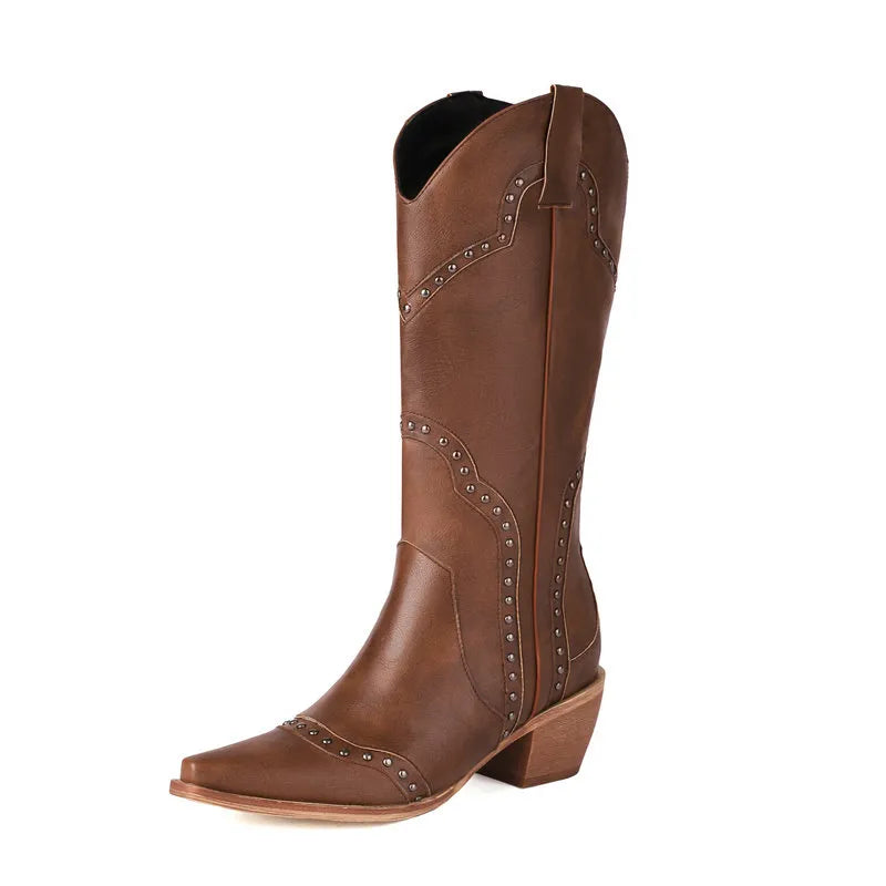 Rivet Women Western Boots Autumn Leather Wedges Knee High Boots Winter Cowboy Girl Boots