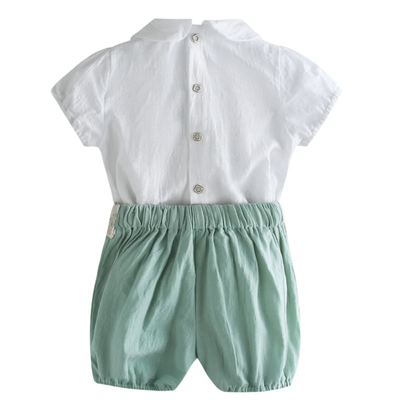 Spanish Style Summer Set for Baby Boy Girl Lace White Short Sleeve Shirt with Elastic Waist Shorts Infant Fashion Children Suit